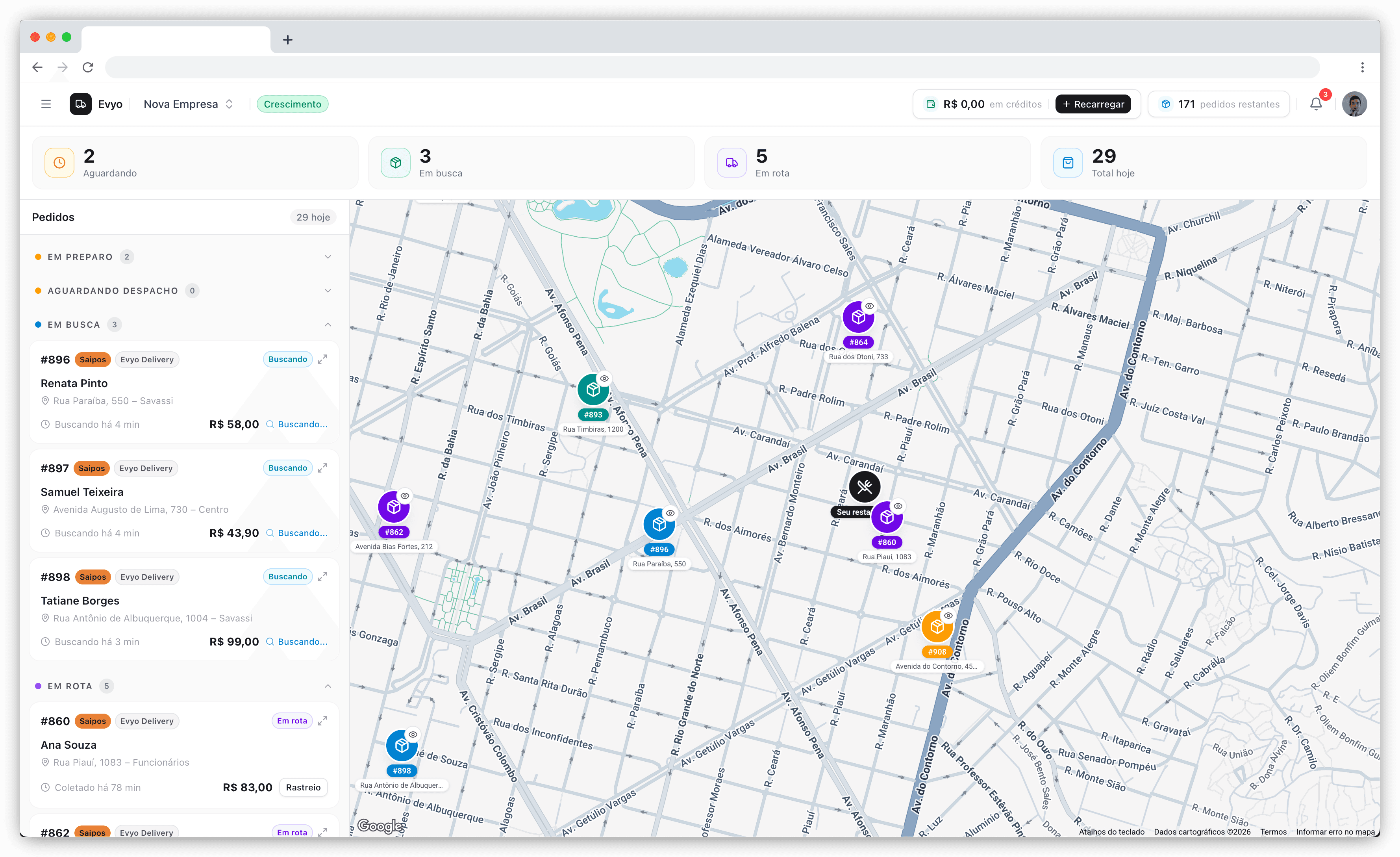 Painel da Evyo mostrando pedidos e entregas em tempo real
